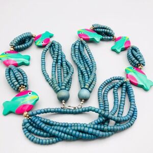 Vintage Wood Fish Beaded Necklace Blue Teal Pink Multi Strand Tropical Boho